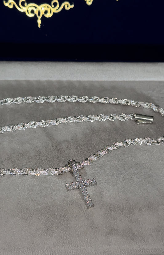 Cadena rope torzal  6 mm con dije de cruz whitegold 18k 22 micras