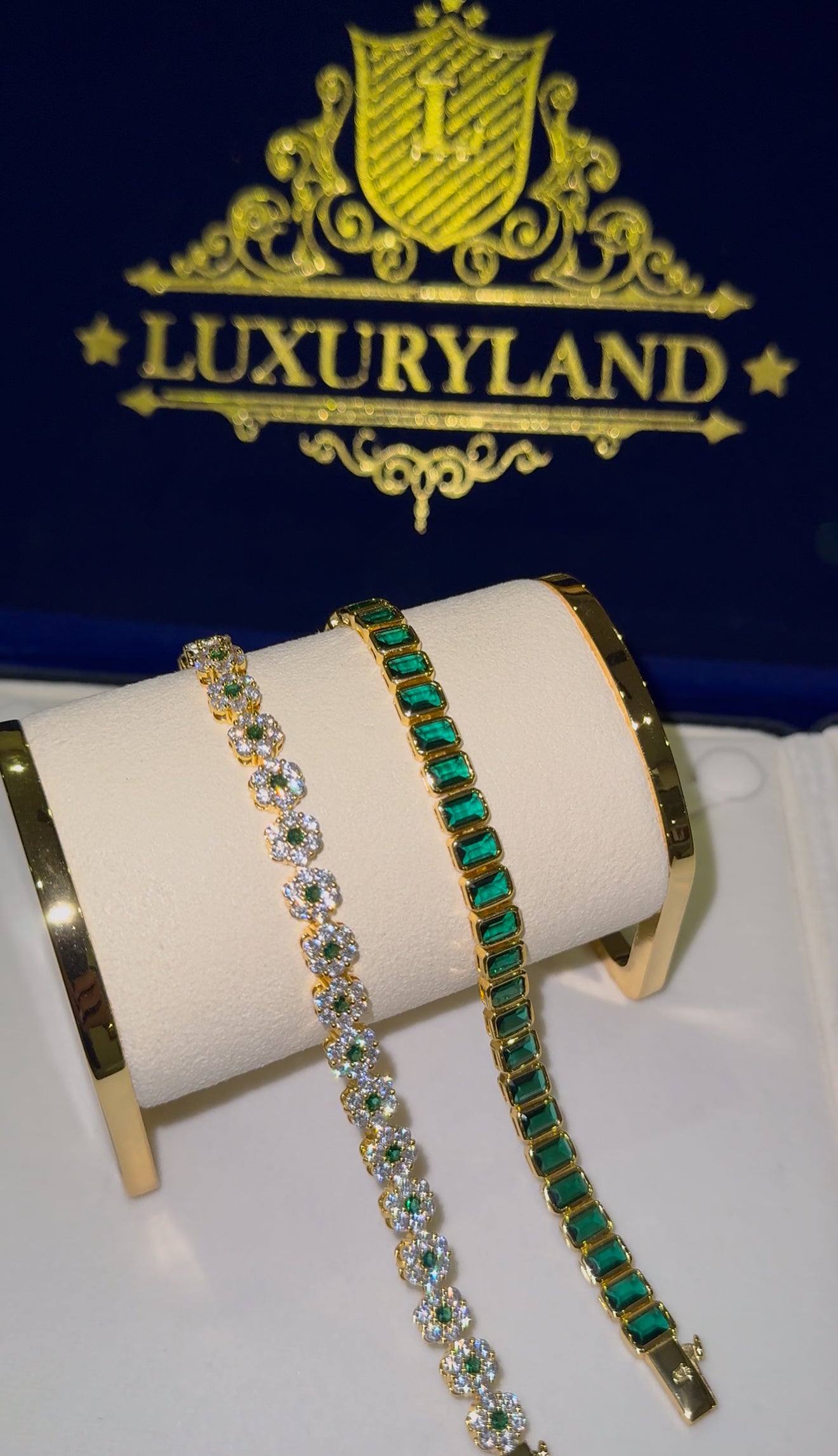 Combo de brazalete octagon esmerald full iced + brazalete tennis gems green