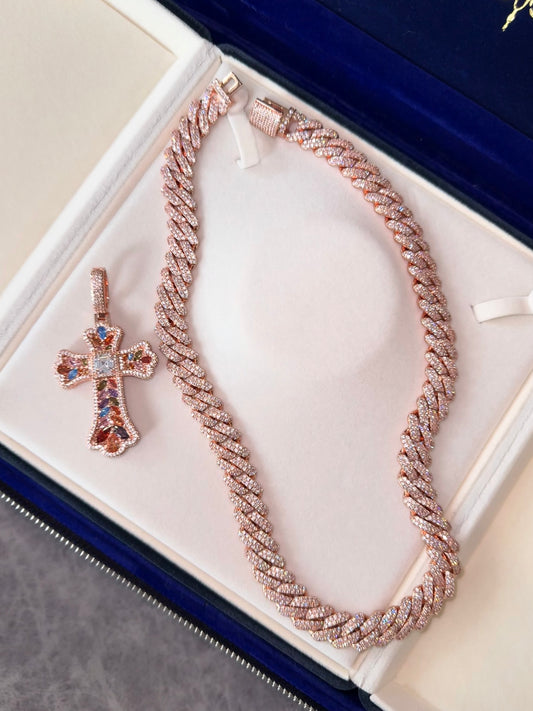 Dije de cruz rose gold full gems con cadena cuban link rose gold 13mm