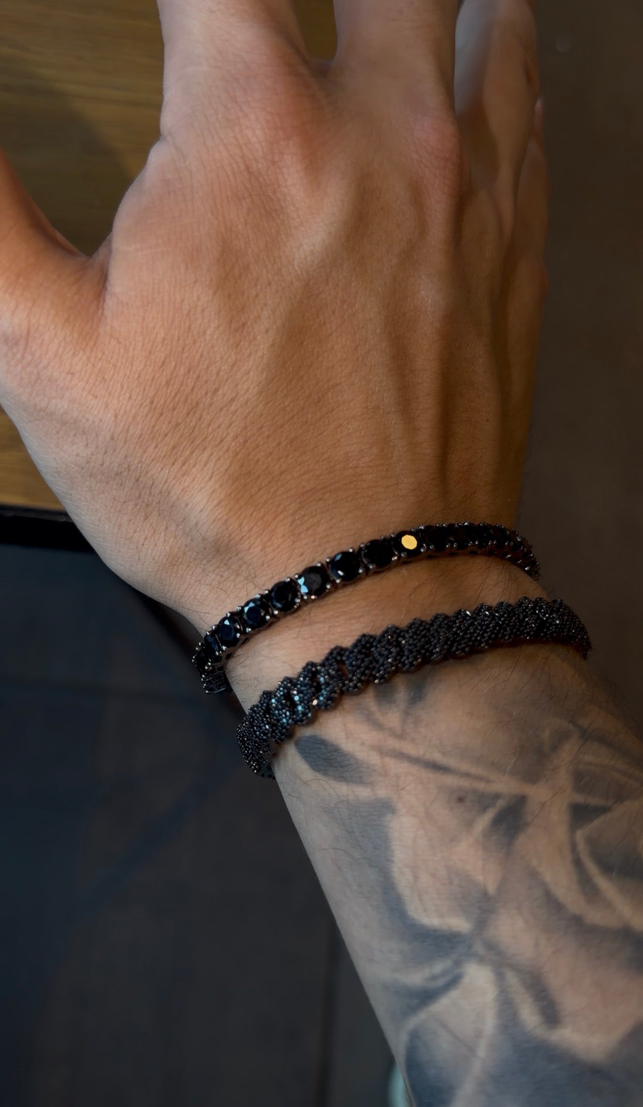 Combo dúo brazalete tennis black 5 mm y cuban prong 8 mm