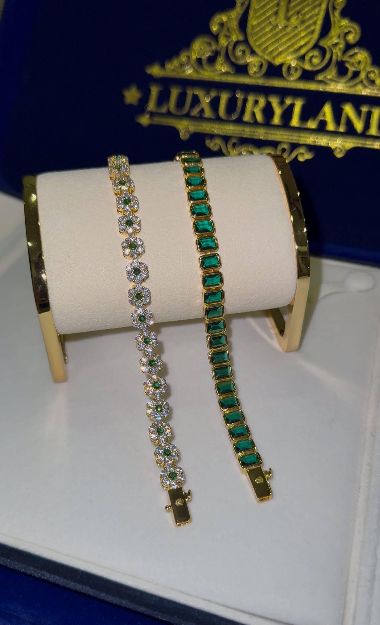 Combo de brazalete octagon esmerald full iced + brazalete tennis gems green