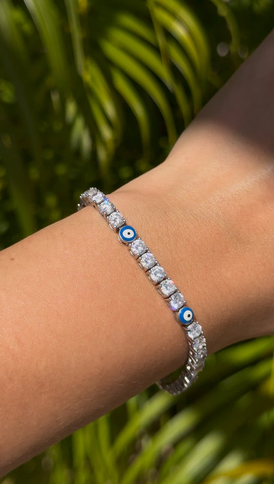 Brazalete tennis 4mm full iced x ojo turco de plata 925