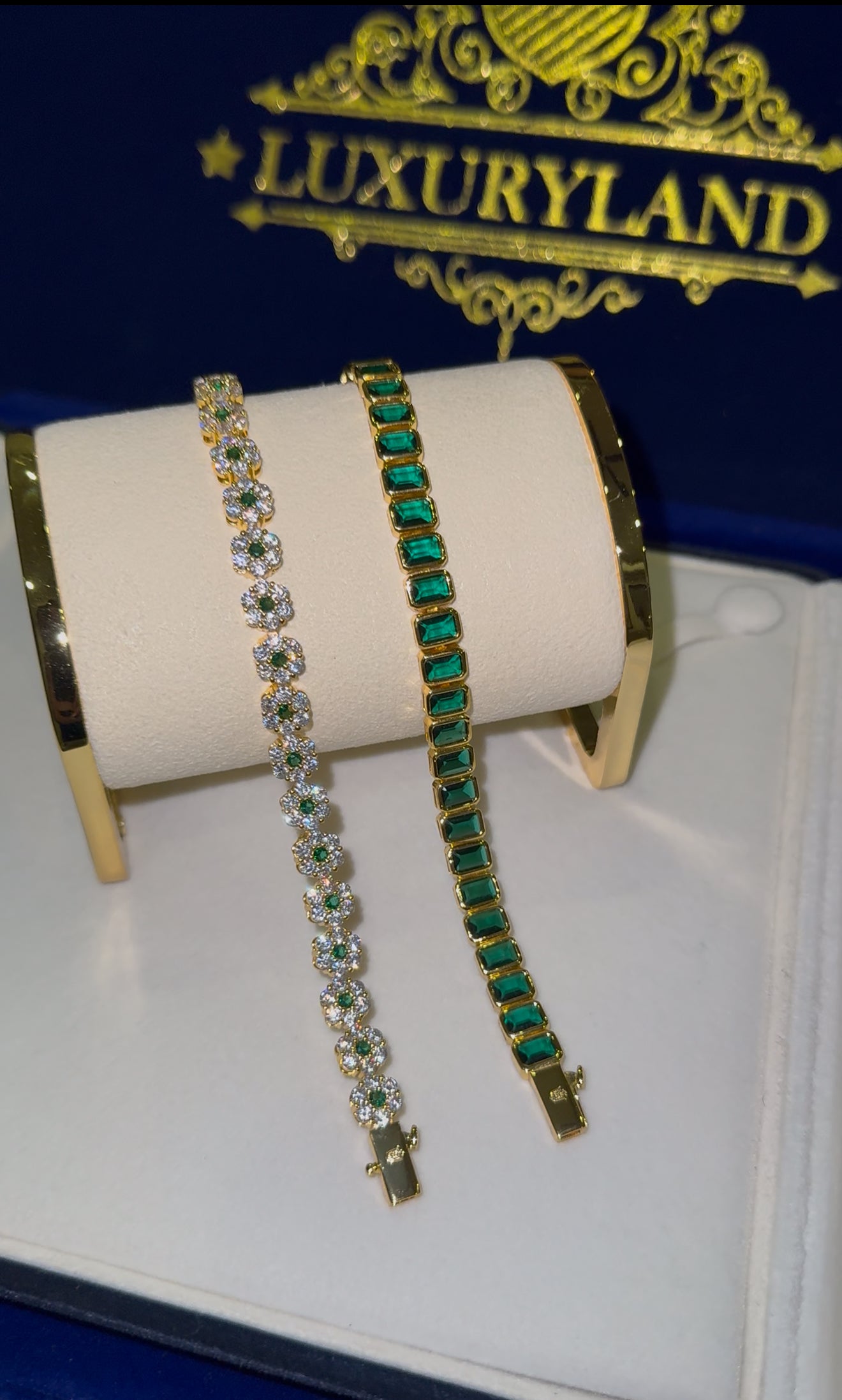 Combo de brazalete octagon esmerald full iced + brazalete tennis gems green