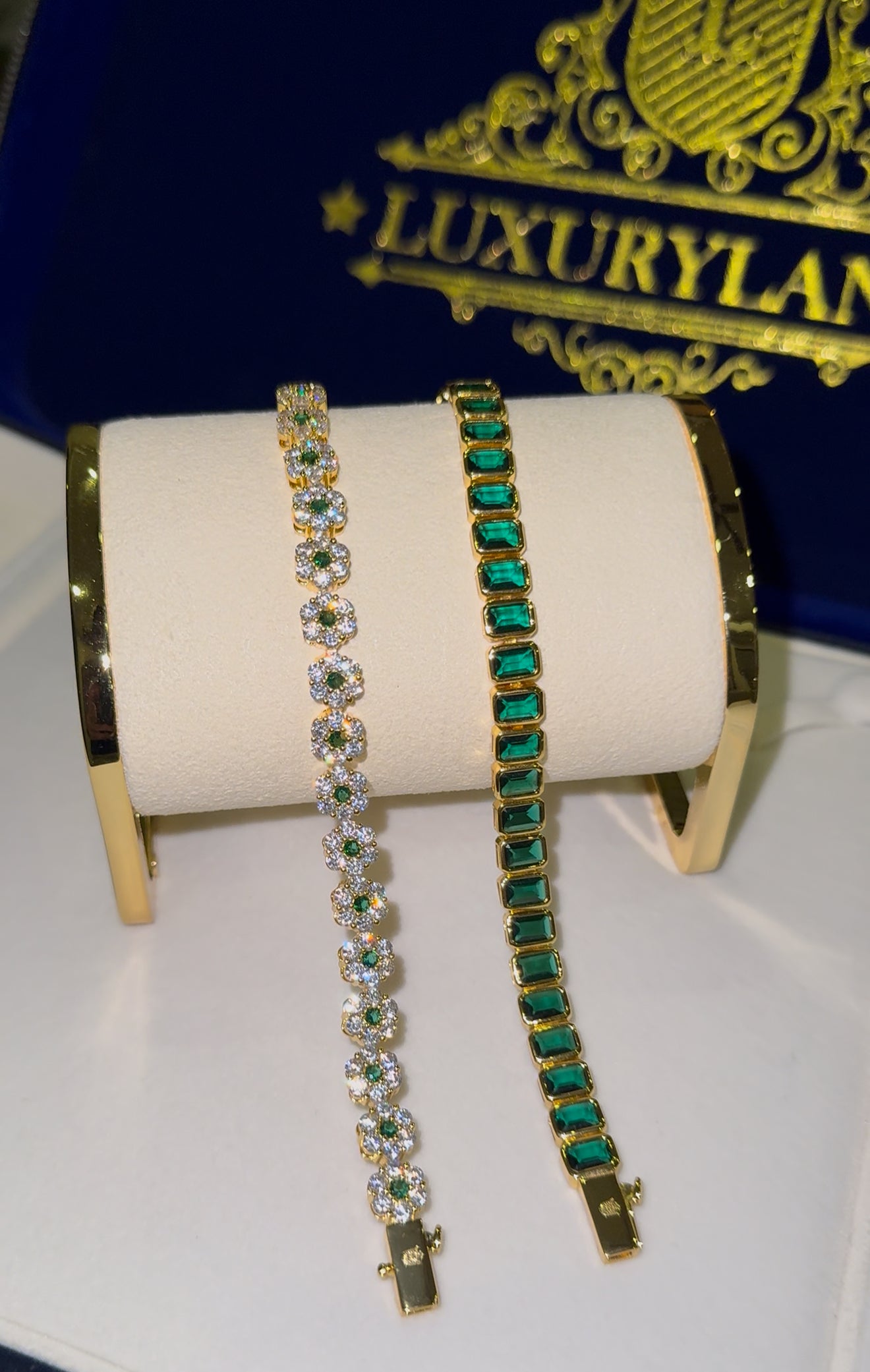 Combo de brazalete octagon esmerald full iced + brazalete tennis gems green