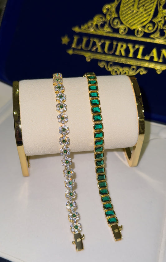 Combo de brazalete octagon esmerald full iced + brazalete tennis gems green