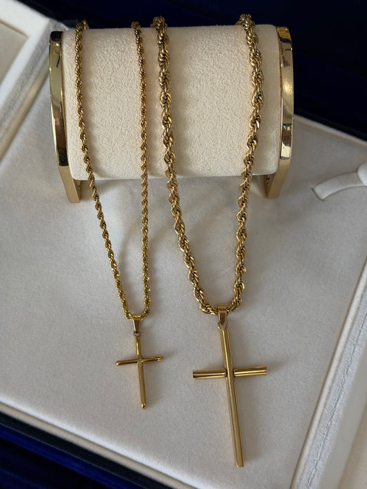 COMBO EN PAREJA dije de cruz liso con cadena torzal 3mm y 5mm