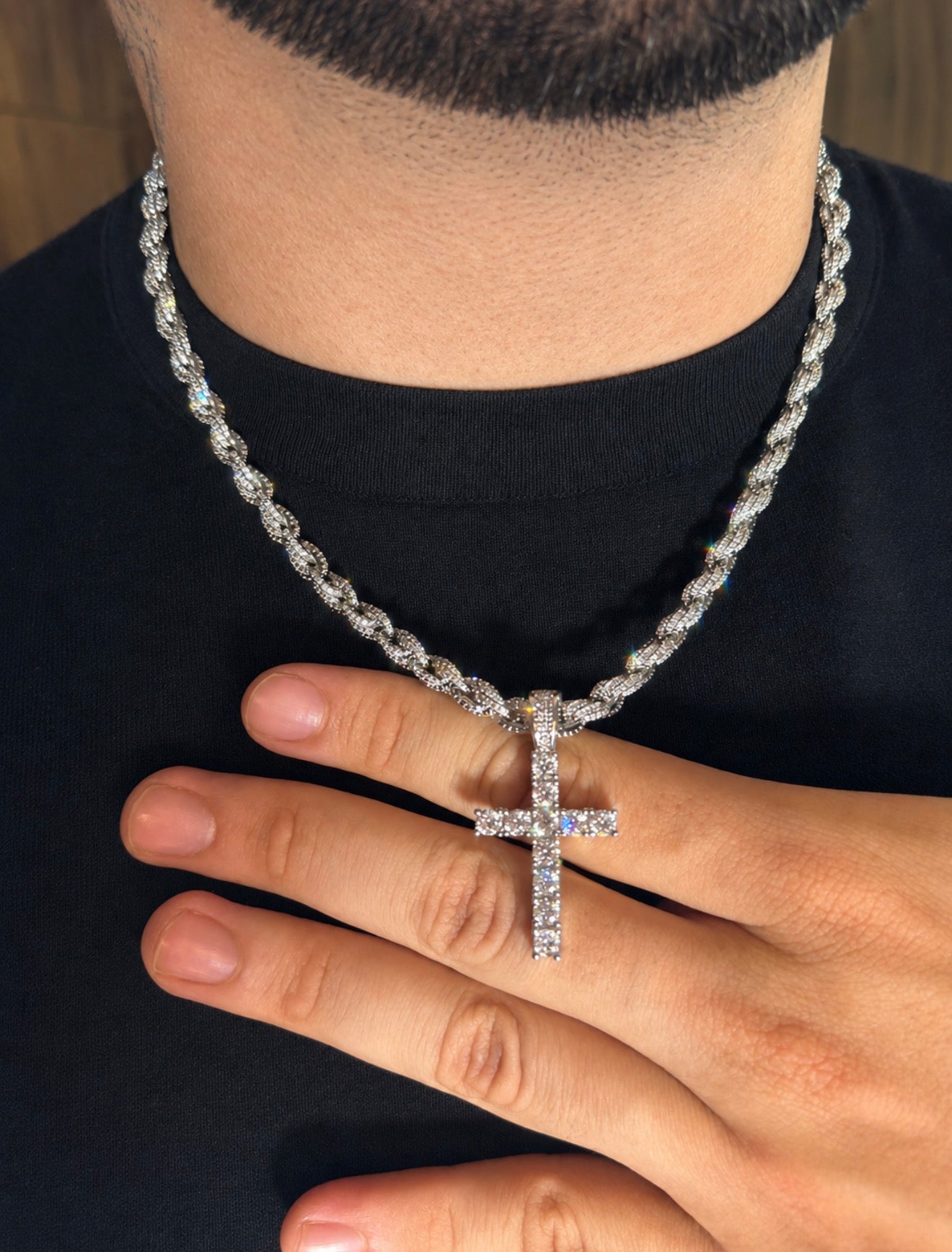 Cadena rope torzal  6 mm con dije de cruz whitegold 18k 22 micras