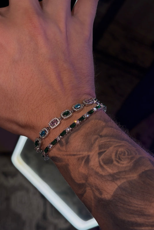 Combo dúo (dos brazaletes) 2 mm green and white tennis y multicolor gems bracelet