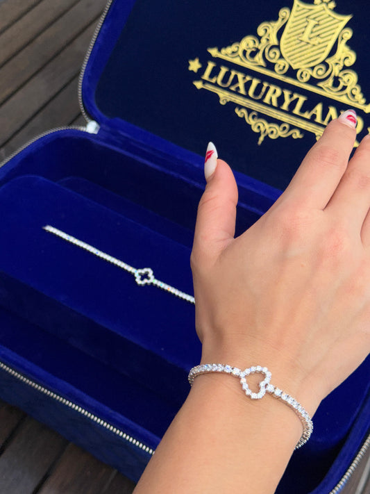 COMBO (brazaletes en pareja) Brazalete tennis 3mm trébol y brazalete tennis 3mm corazón DAMA y caballero