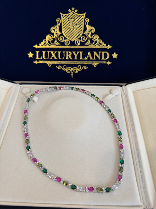 Tennis cadena multi-color y multi destellos whitegold plated 18 k