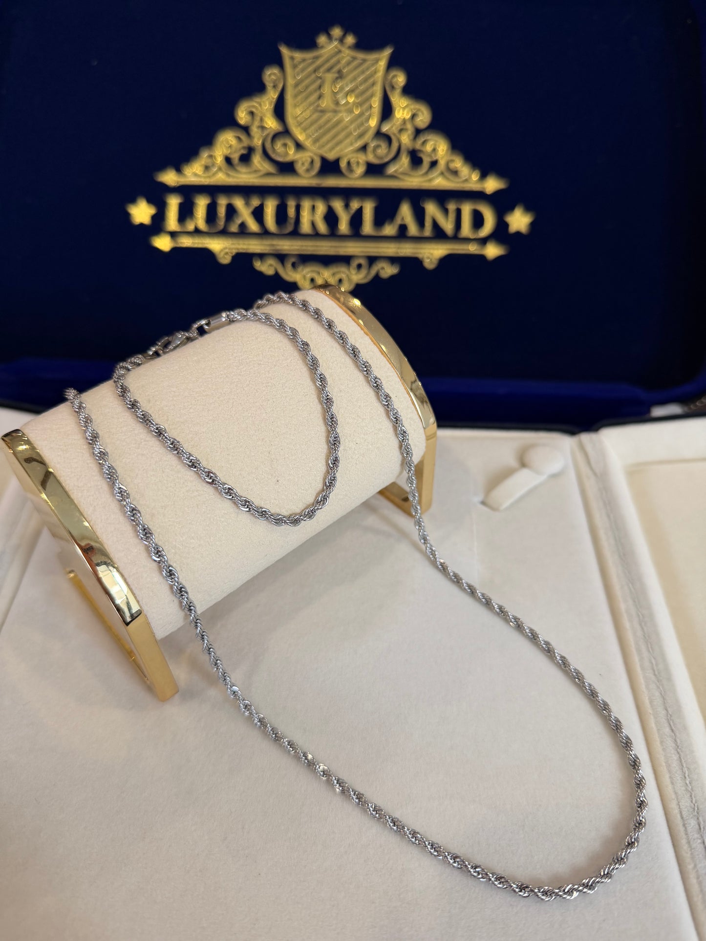 Conjunto cadena y brazalete torzal 3mm laminado oro blanco de 18k