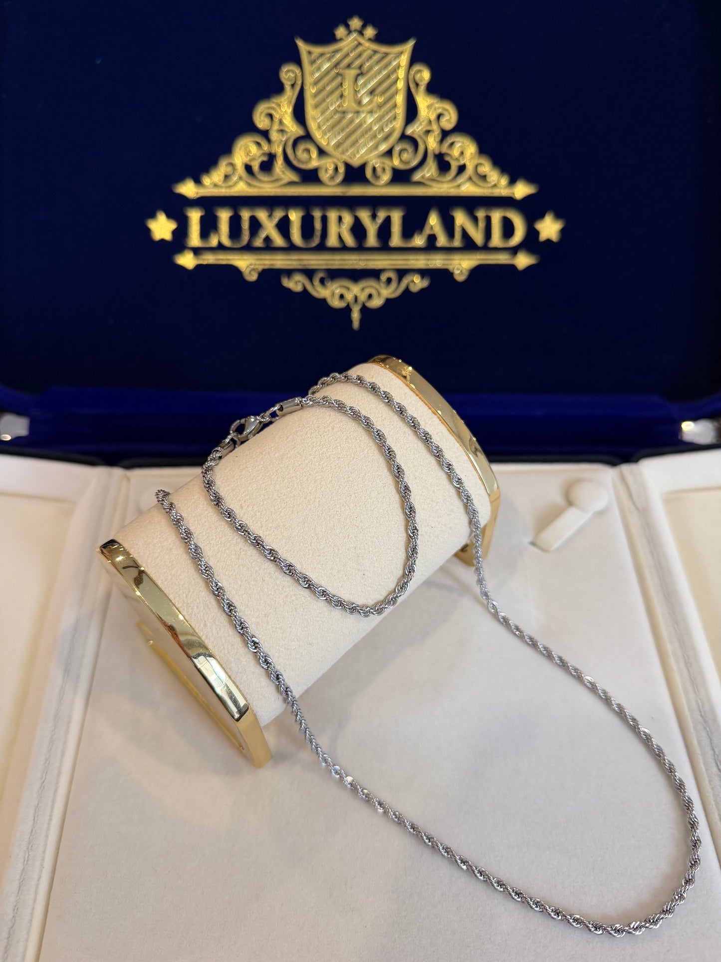 Conjunto cadena y brazalete torzal 3mm laminado oro blanco de 18k