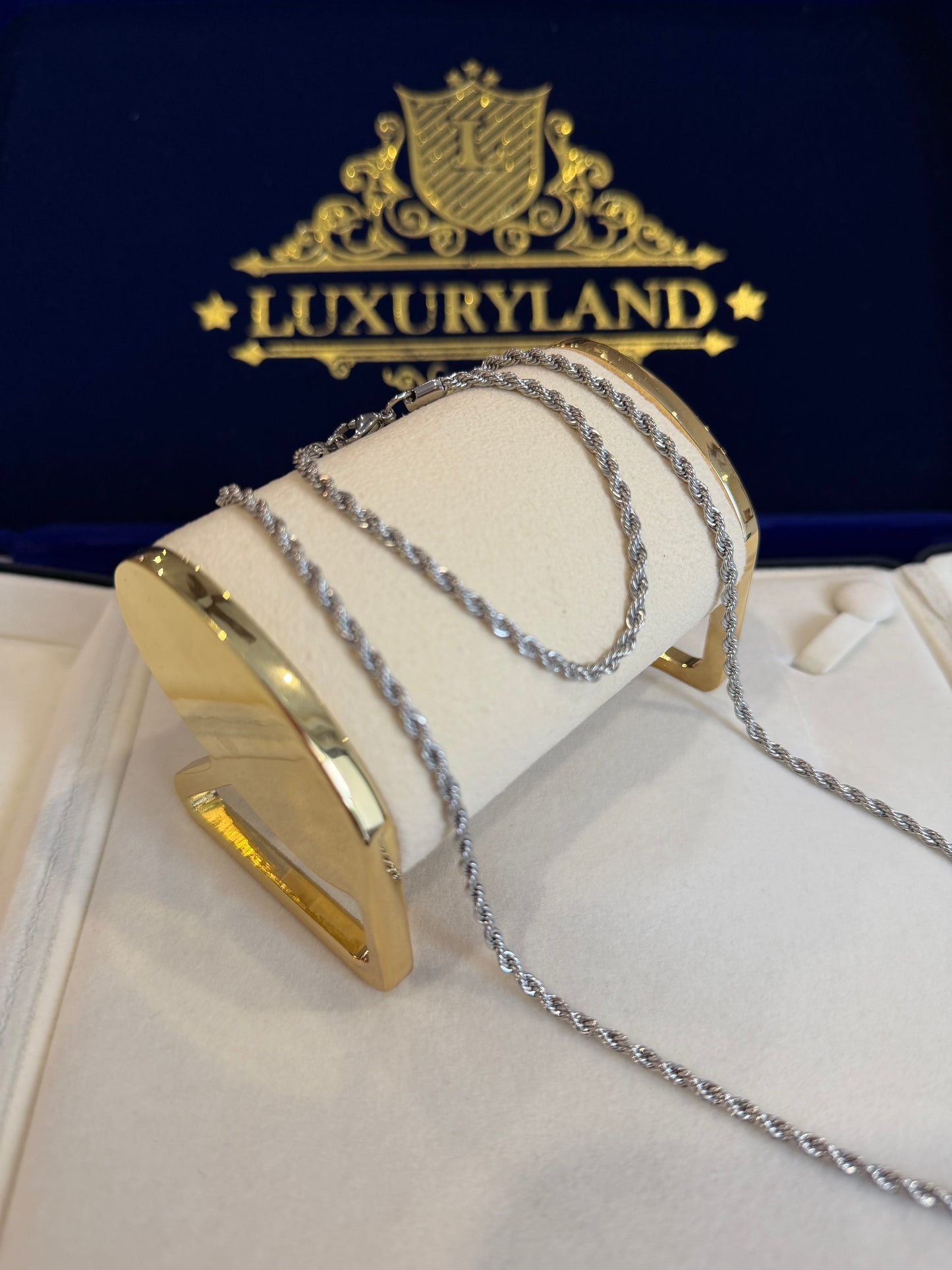 Conjunto cadena y brazalete torzal 3mm laminado oro blanco de 18k