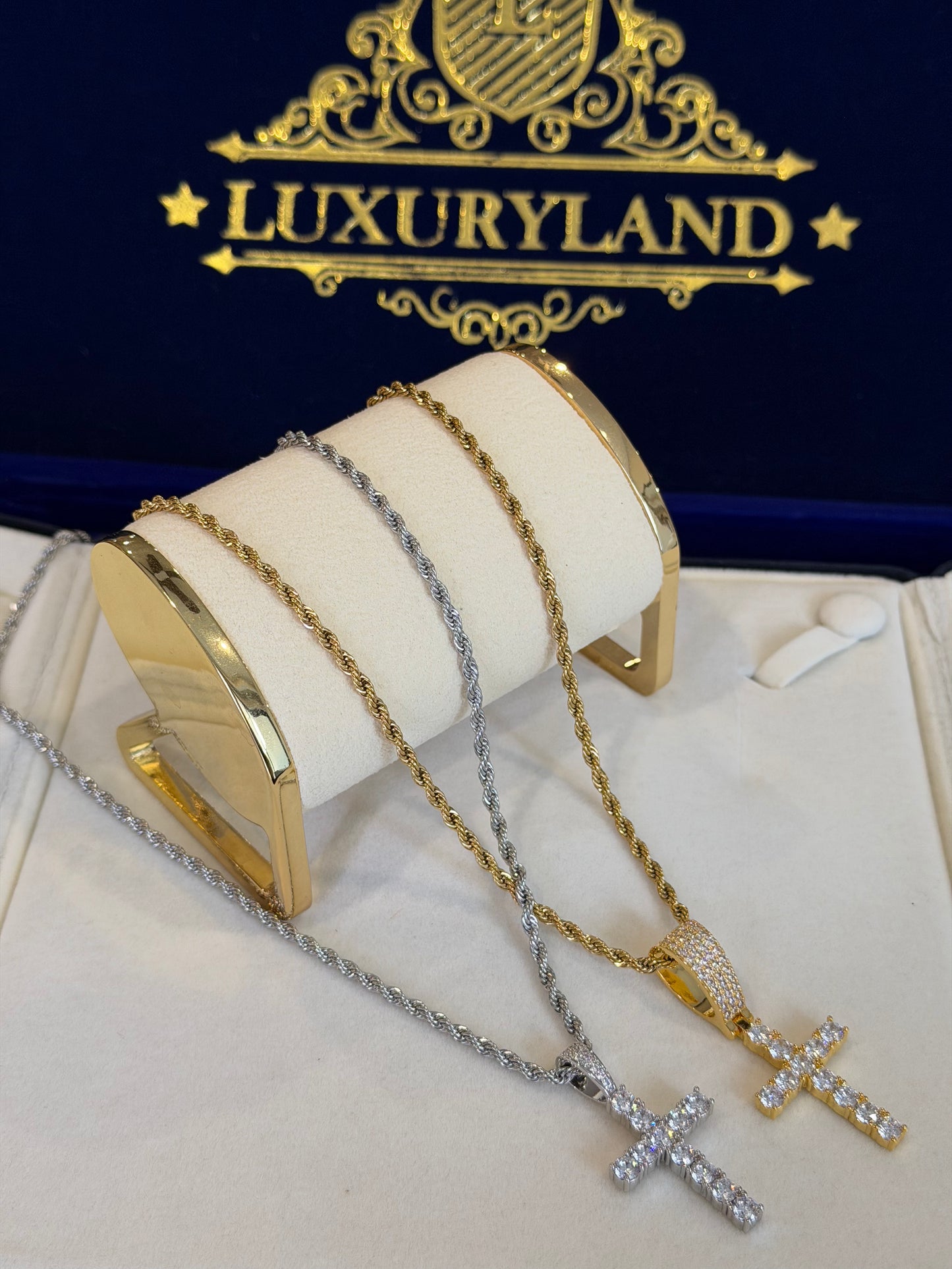 COMBO EN PAREJA dije de cruz tennis con cadena torzal 3mm