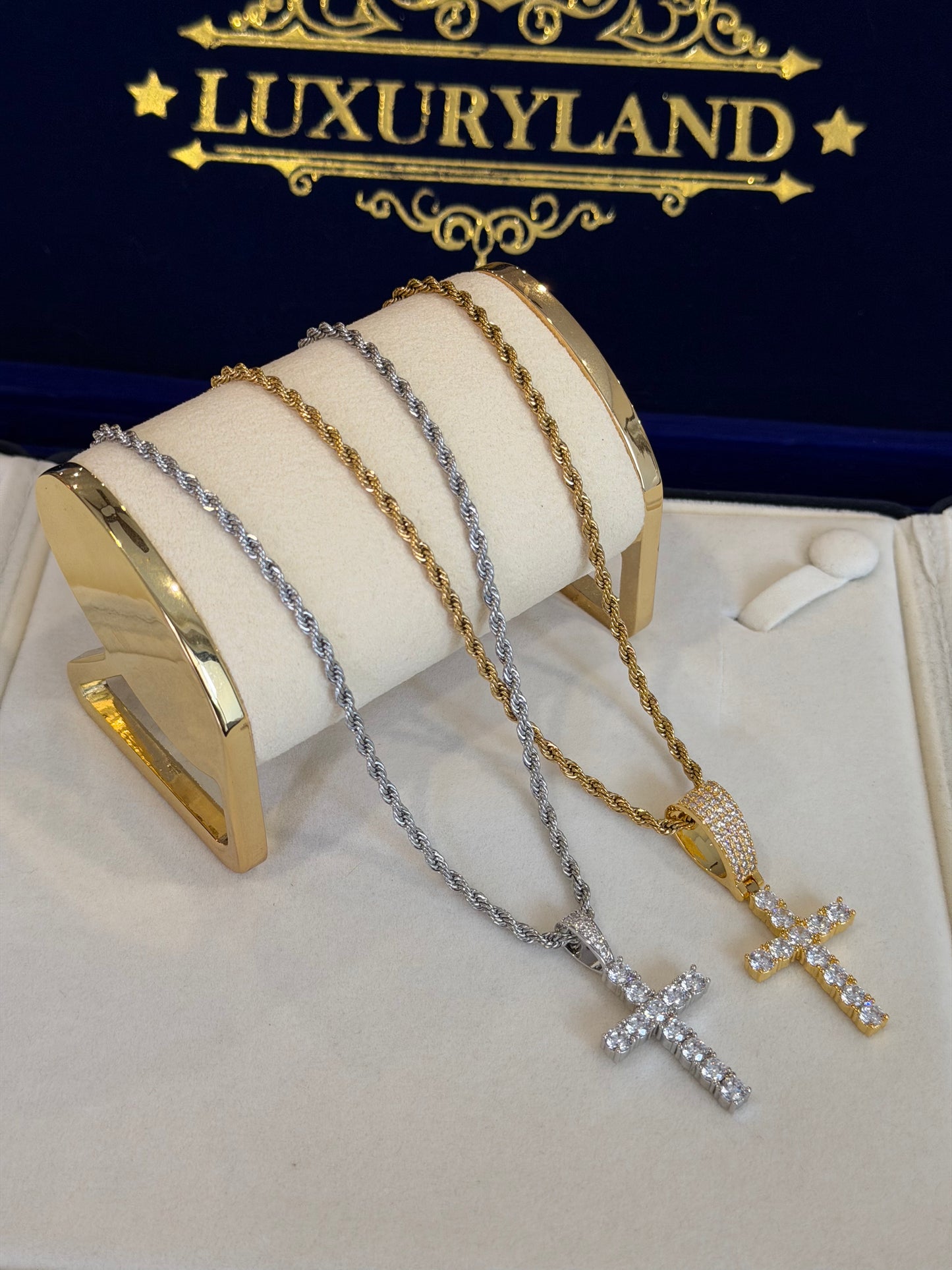 COMBO EN PAREJA dije de cruz tennis con cadena torzal 3mm