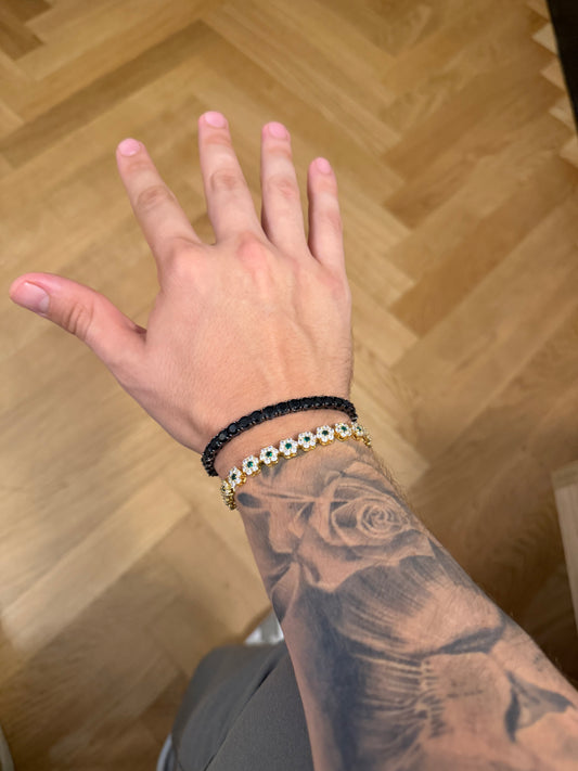 Combo brazalete tennis 5 mm black y Octagon golden plated esmerald