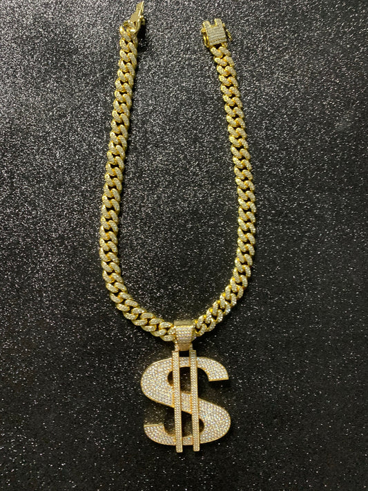 Dije de signo de dinero con cadena cuban link, laminado en oro 18k (4 micras)