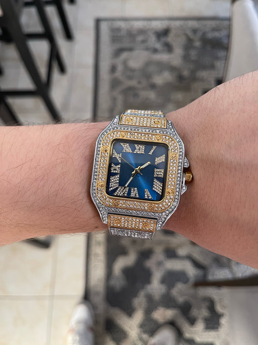 Square cartier type reloj golden & white full ice